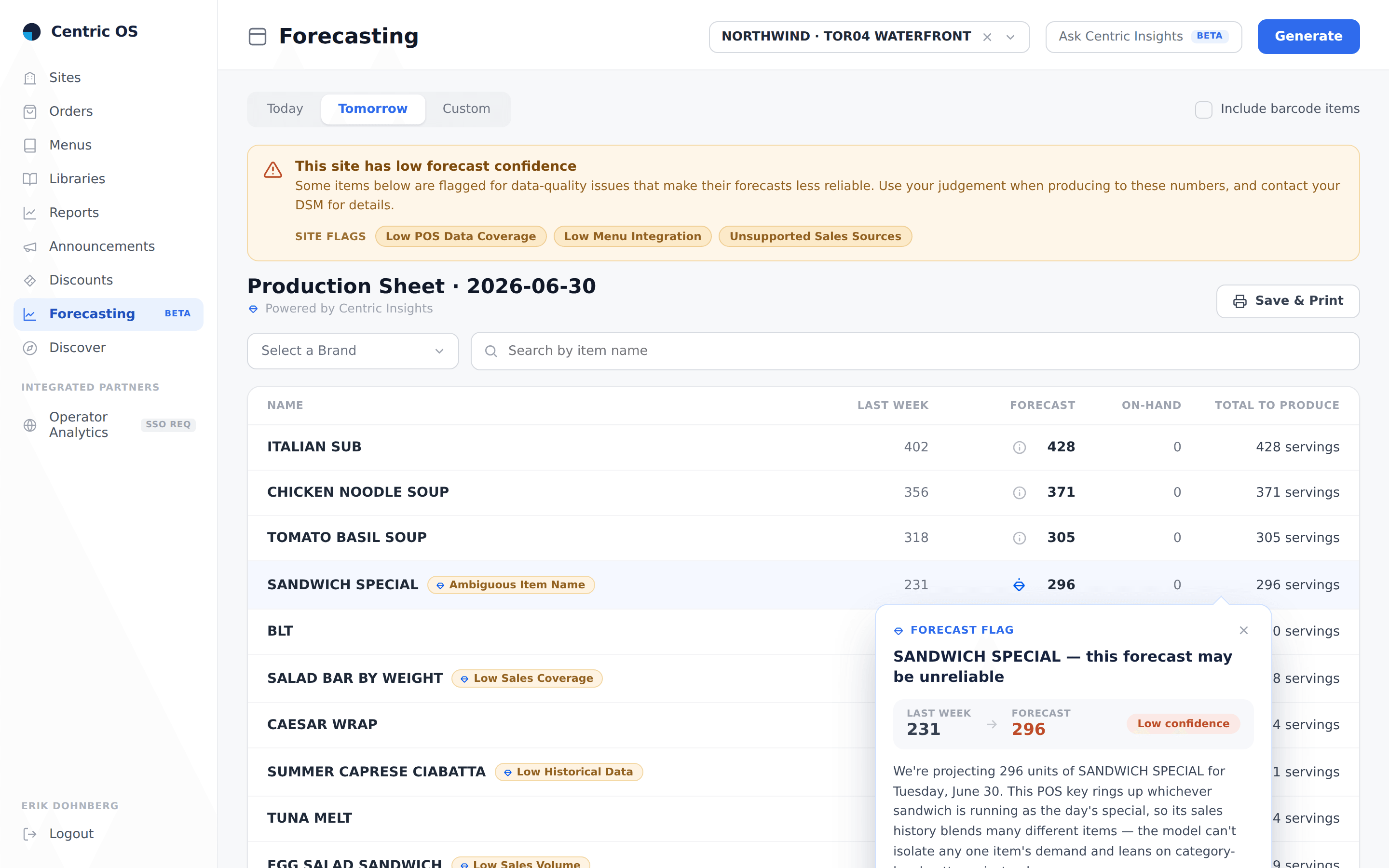 Concept design of Centric's forecasting production sheet showing item-level confidence flags and an explanation popover (sample data)
